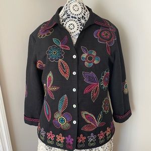 Jacket Blazer Women's Size Large Floral Stitched Black